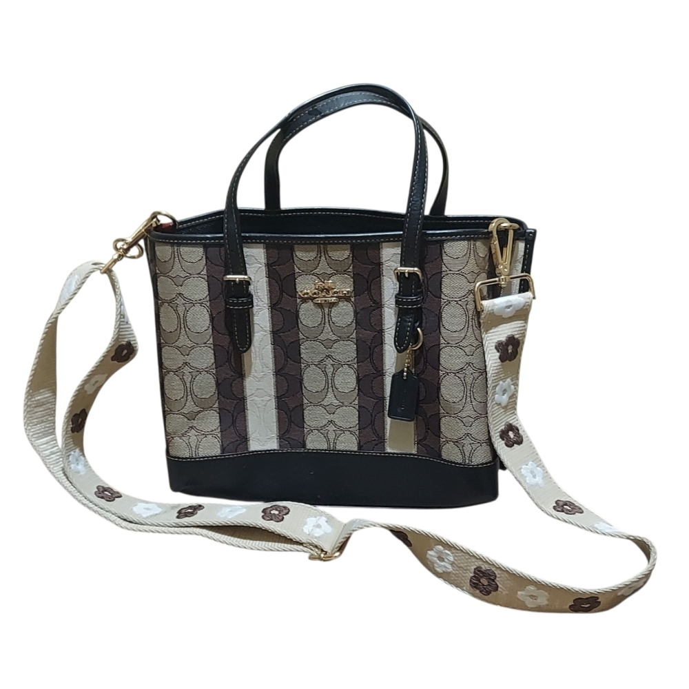 Coach Mollie Tote 25 Signature Jacquard And Stripes Designer Purse EUC Leather